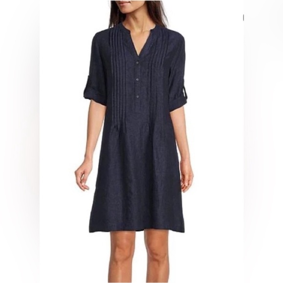 J. McLaughlin Dresses & Skirts - J.McLaughlin Riviera Split Neck 3/4 Roll-Tab Sleeve Pleated Linen Dress Large